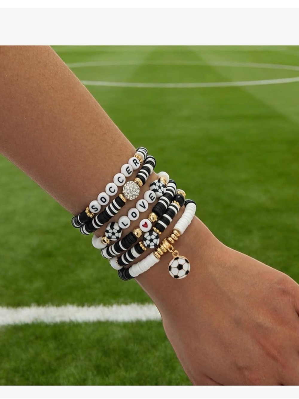 Soccer-Themed Soccer Charm Clay Bead Bracelet in White & Black - Picture 2 of 7